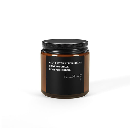 Cormac McCarthy Quote Scented Candle in amber jar, eco-friendly soy, inspired by Southern Gothic literature.