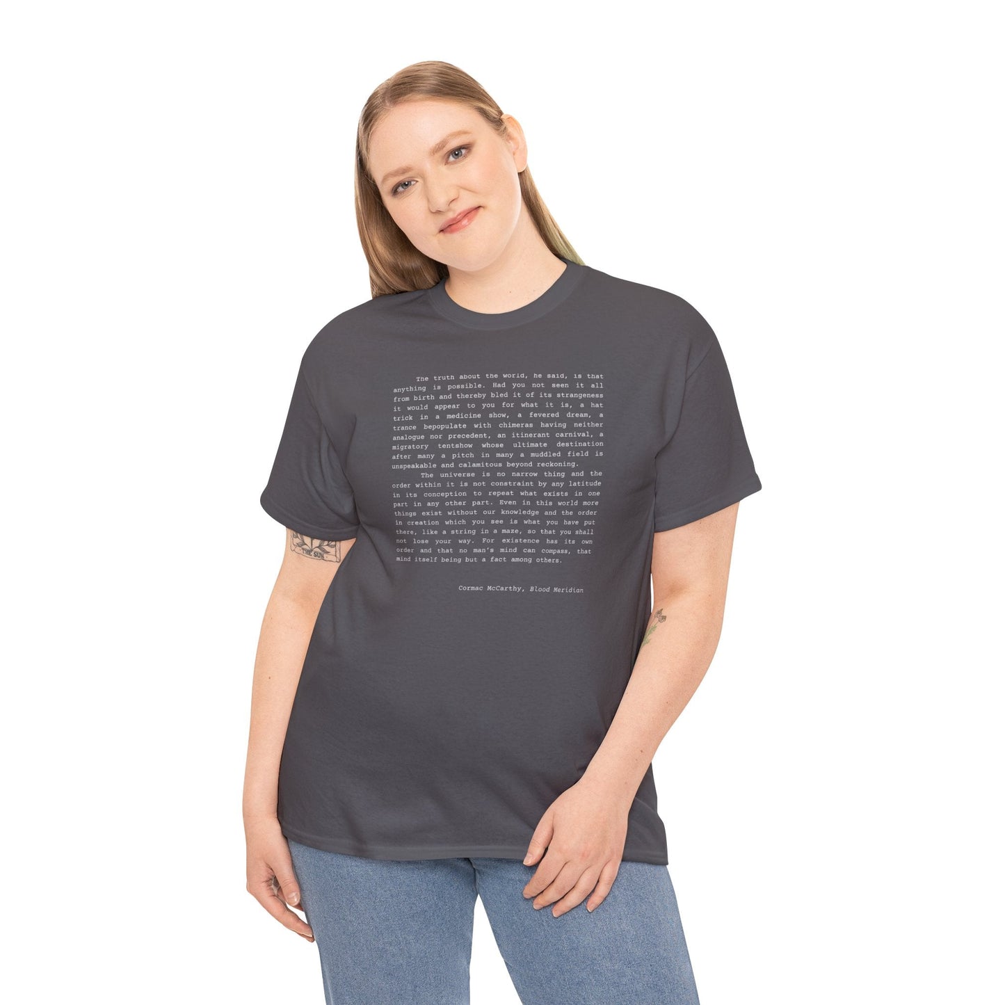 Cormac McCarthy Blood Meridian quote t-shirt for book lovers and dark academia enthusiasts.