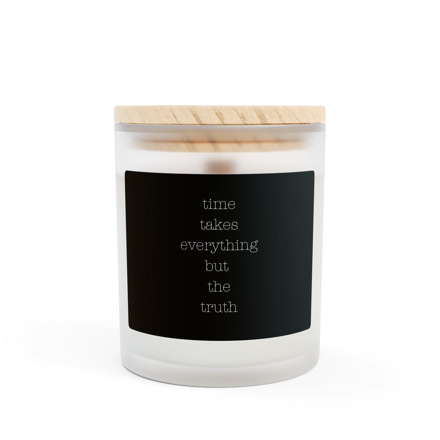 True Detective Quote Candle with frosted glass vessel and raw maple lid.