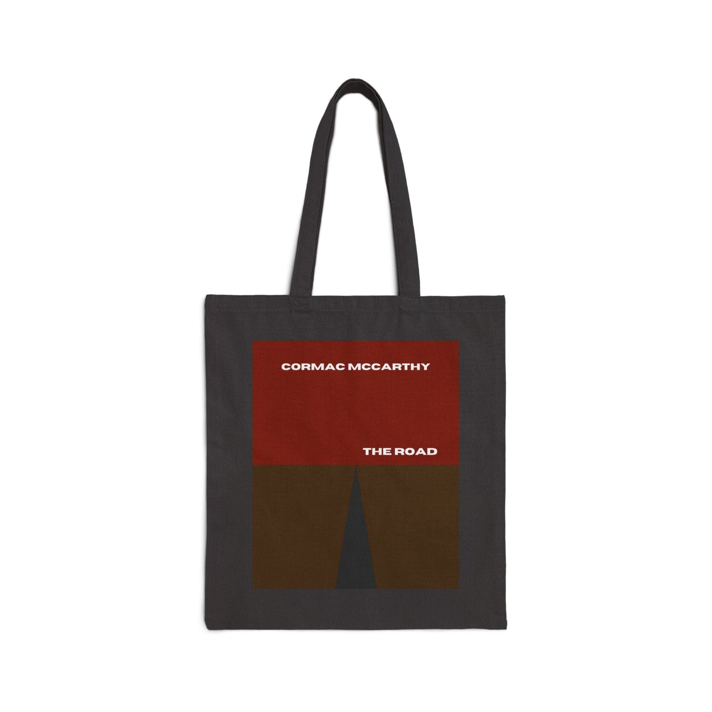 Cormac McCarthy The Road inspired cotton canvas tote bag with book cover design.