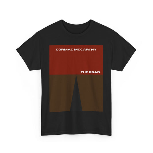 Cormac McCarthy The Road minimalist book cover T-shirt on black heavy cotton fabric.