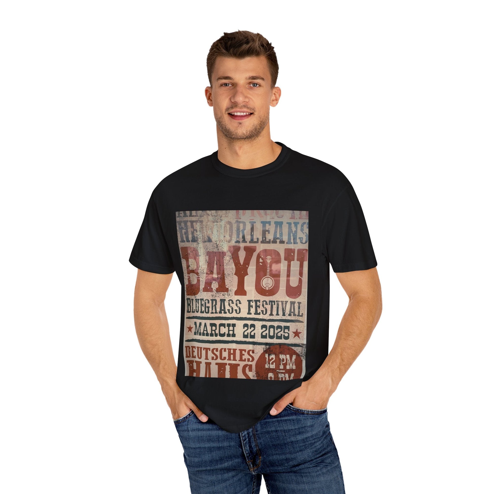 Vintage New Orleans Bayou Blues Festival T-Shirt, retro style, perfect for music lovers and festival-goers.