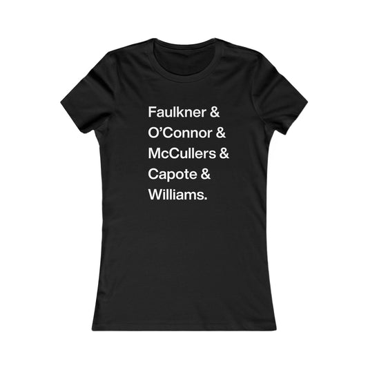 Southern Gothic Writers T-shirt featuring names of iconic authors.