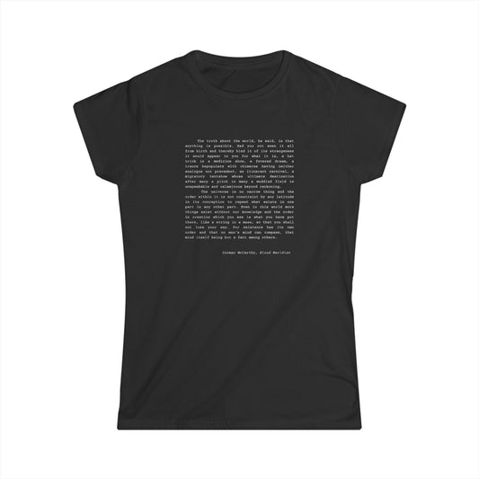 Women's black tee with Cormac McCarthy quote from "Blood Meridian."