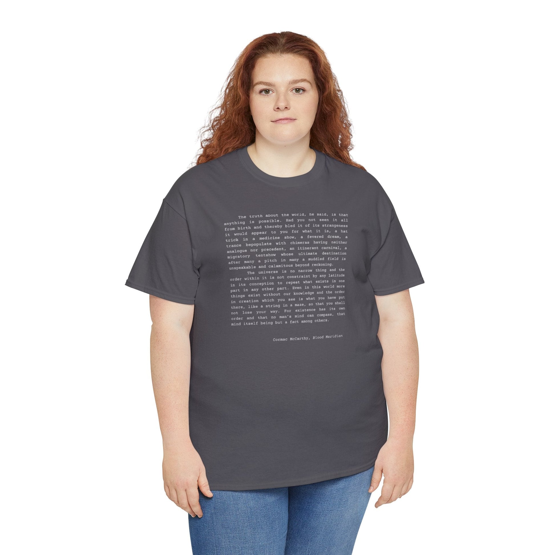 Cormac McCarthy Blood Meridian quote t-shirt for book lovers and dark academia enthusiasts.