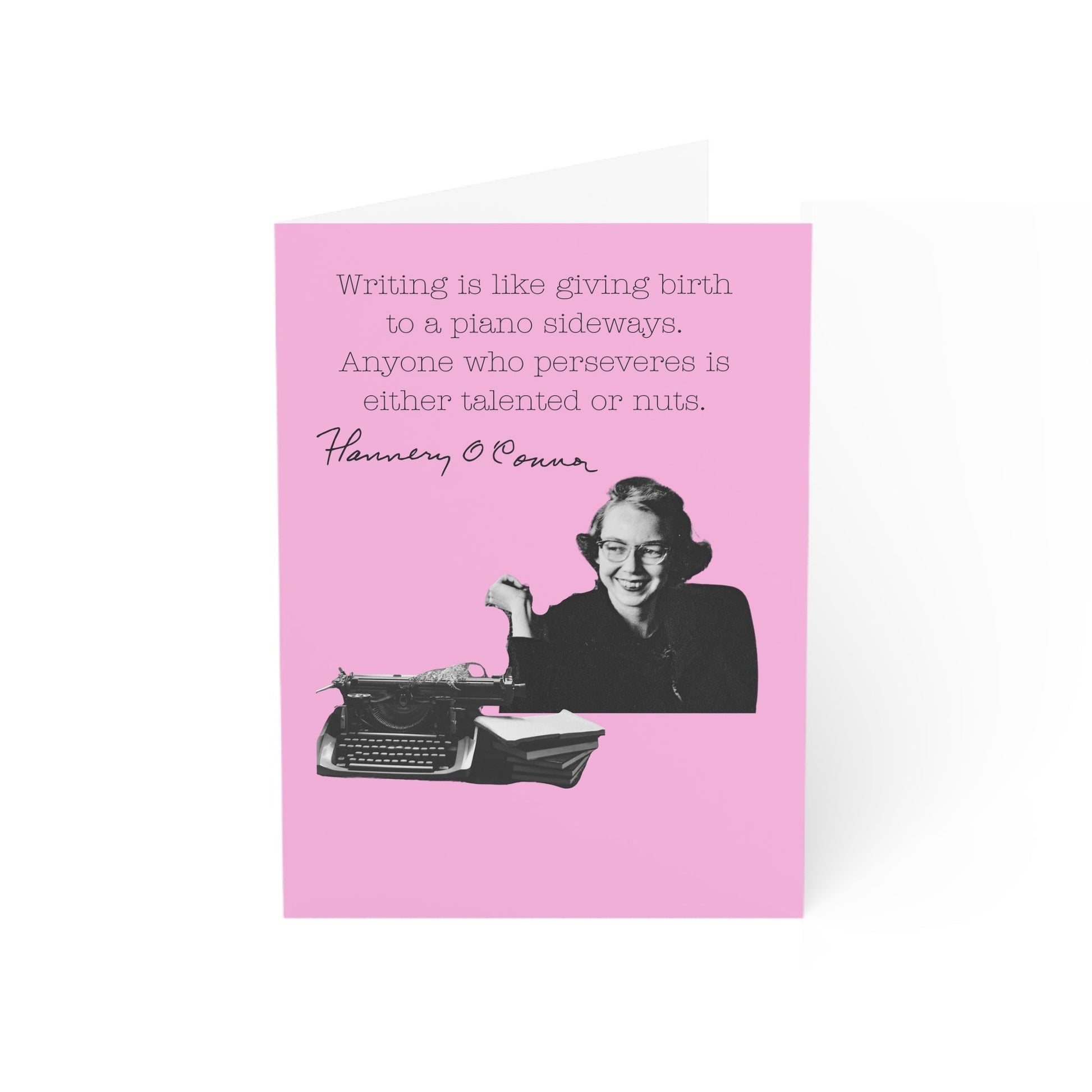 Flannery O'Connor quote greeting card with author's image on a pink background.