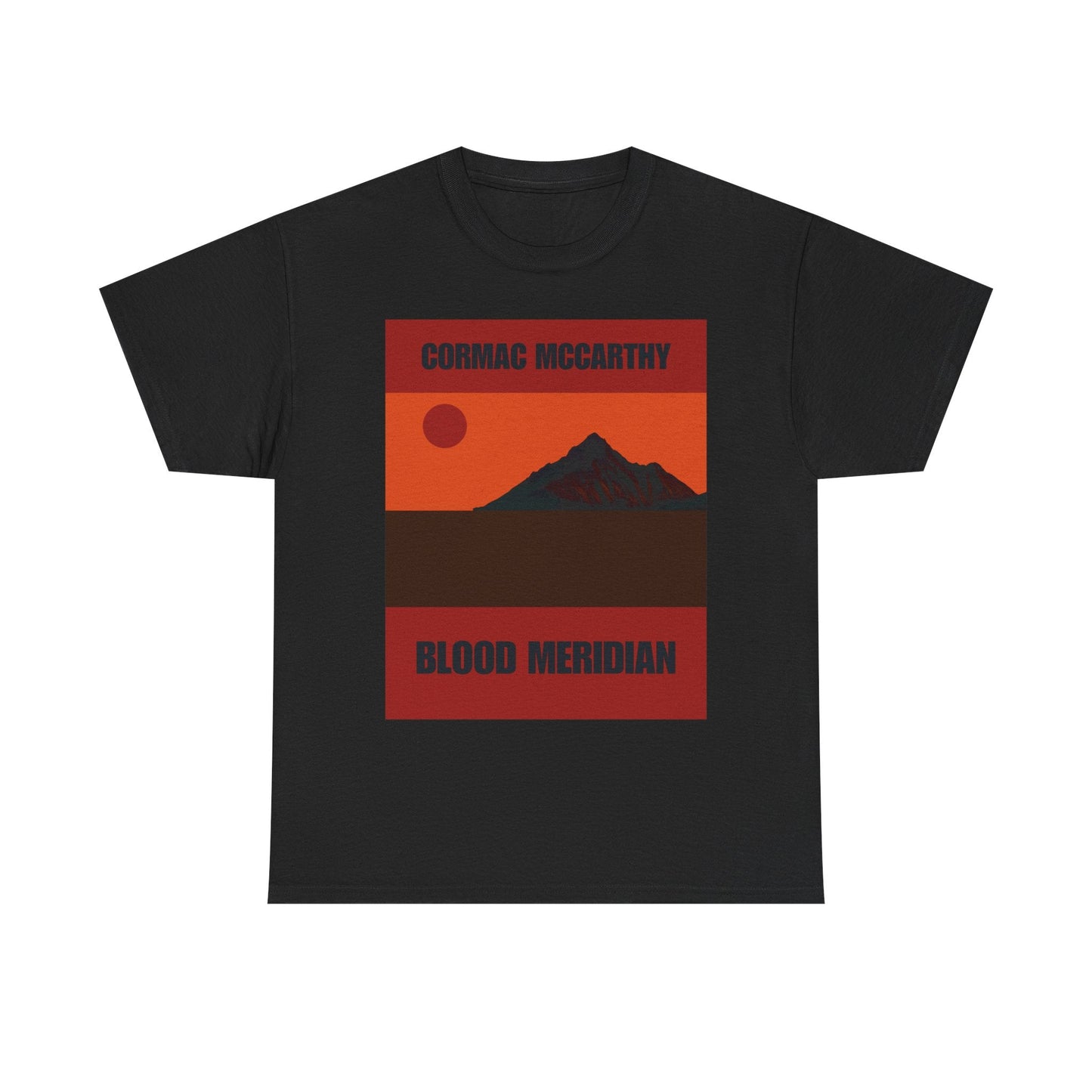 Cormac McCarthy Blood Meridian inspired tee with mountain and sun design.