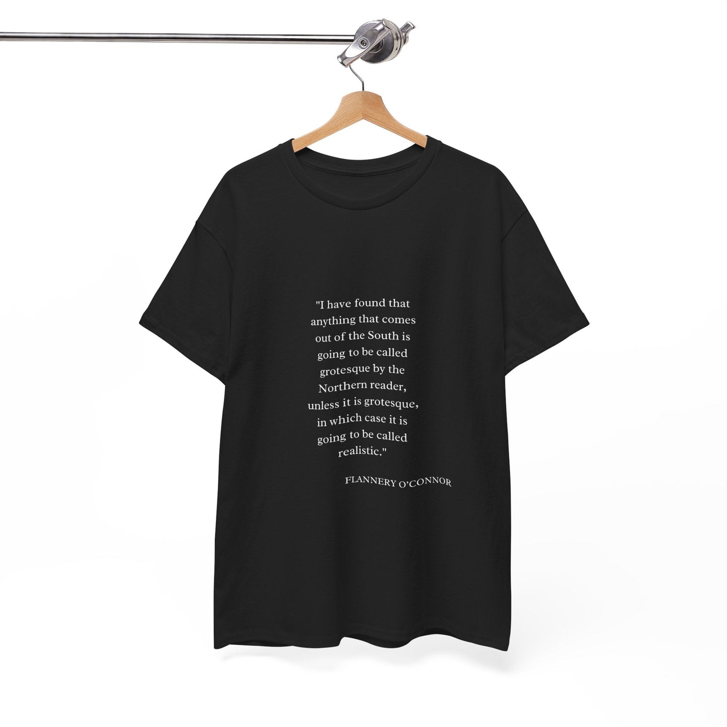 Flannery O'Connor quote T-shirt featuring elegant typography on high-quality black fabric