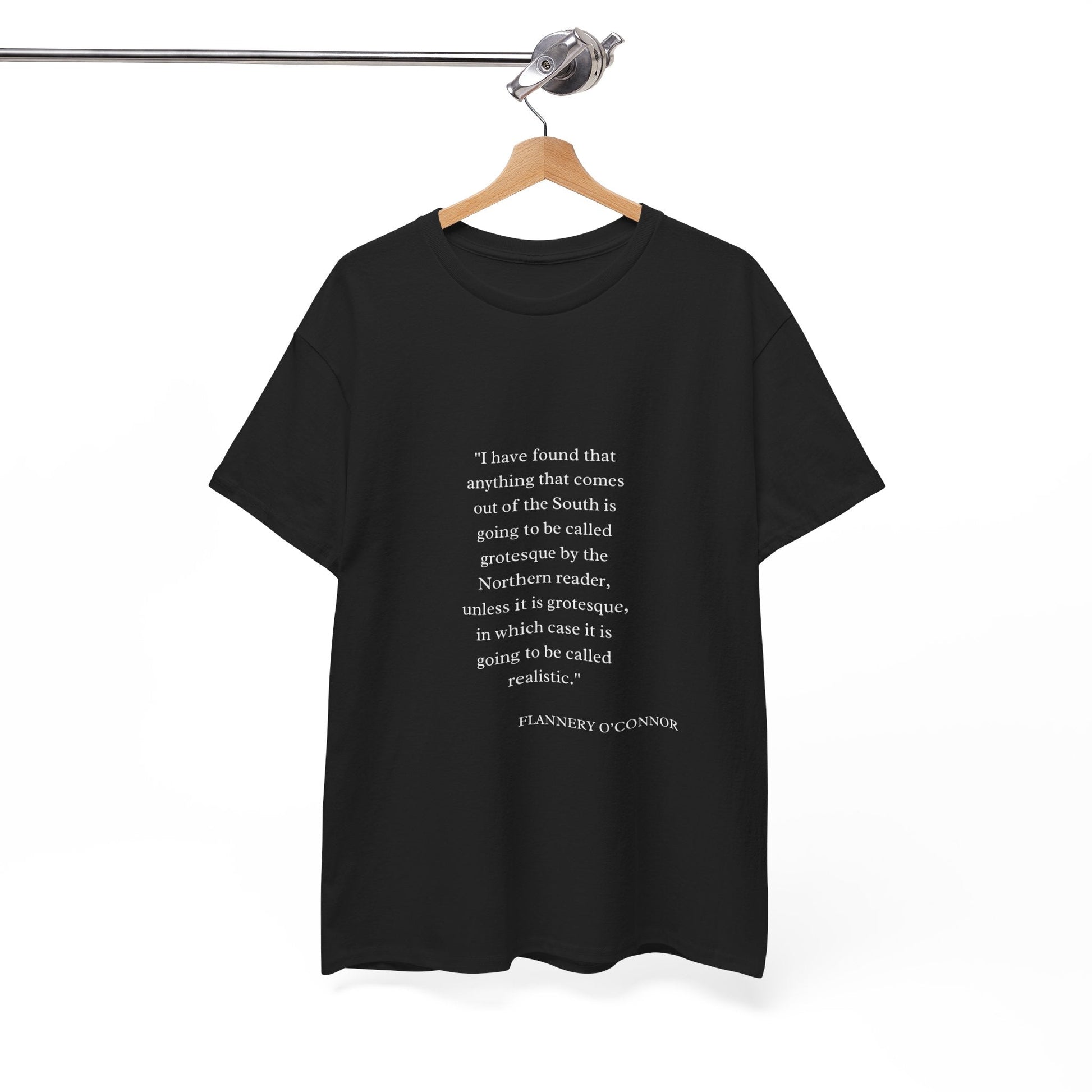 Flannery O'Connor quote T-shirt featuring elegant typography on high-quality black fabric