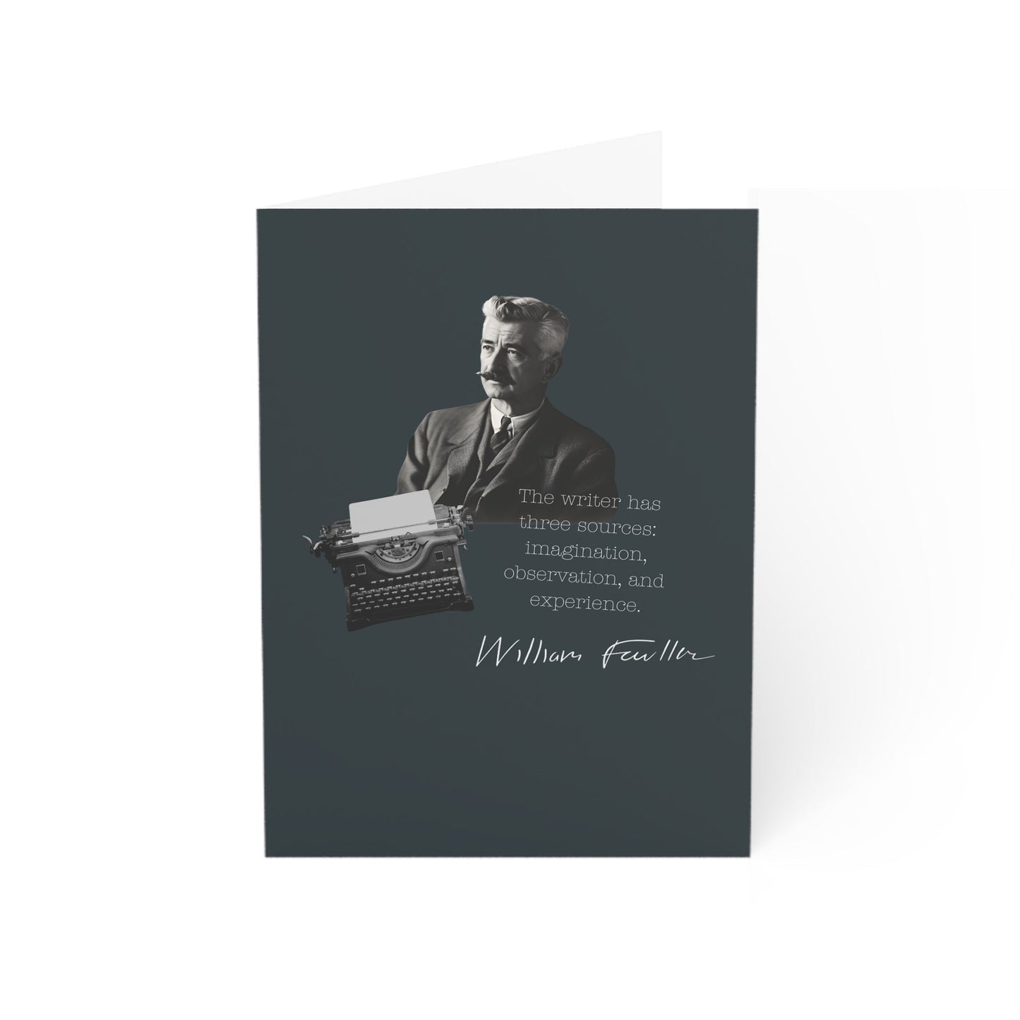 William Faulkner quote greeting card with typewriter design, premium paper, ideal for literature enthusiasts.