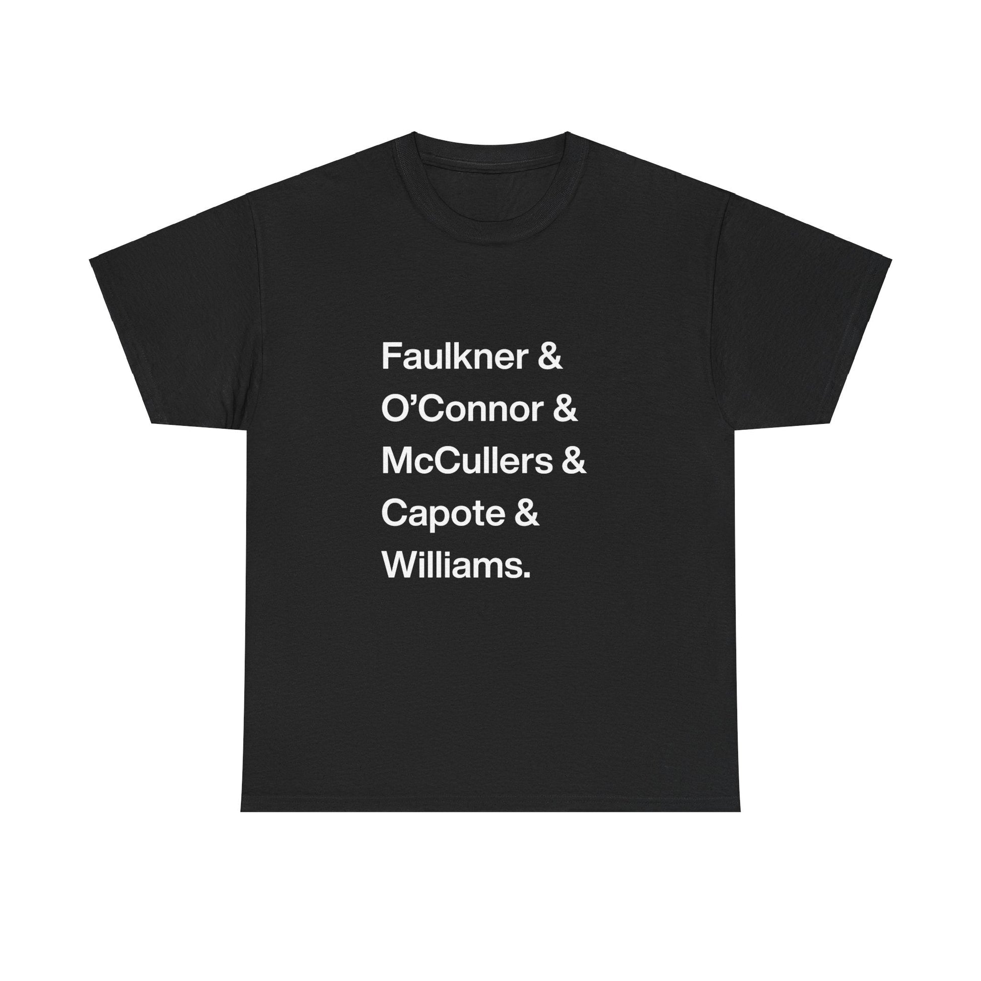 Black Southern Gothic Writers Tee featuring names of iconic southern authors.