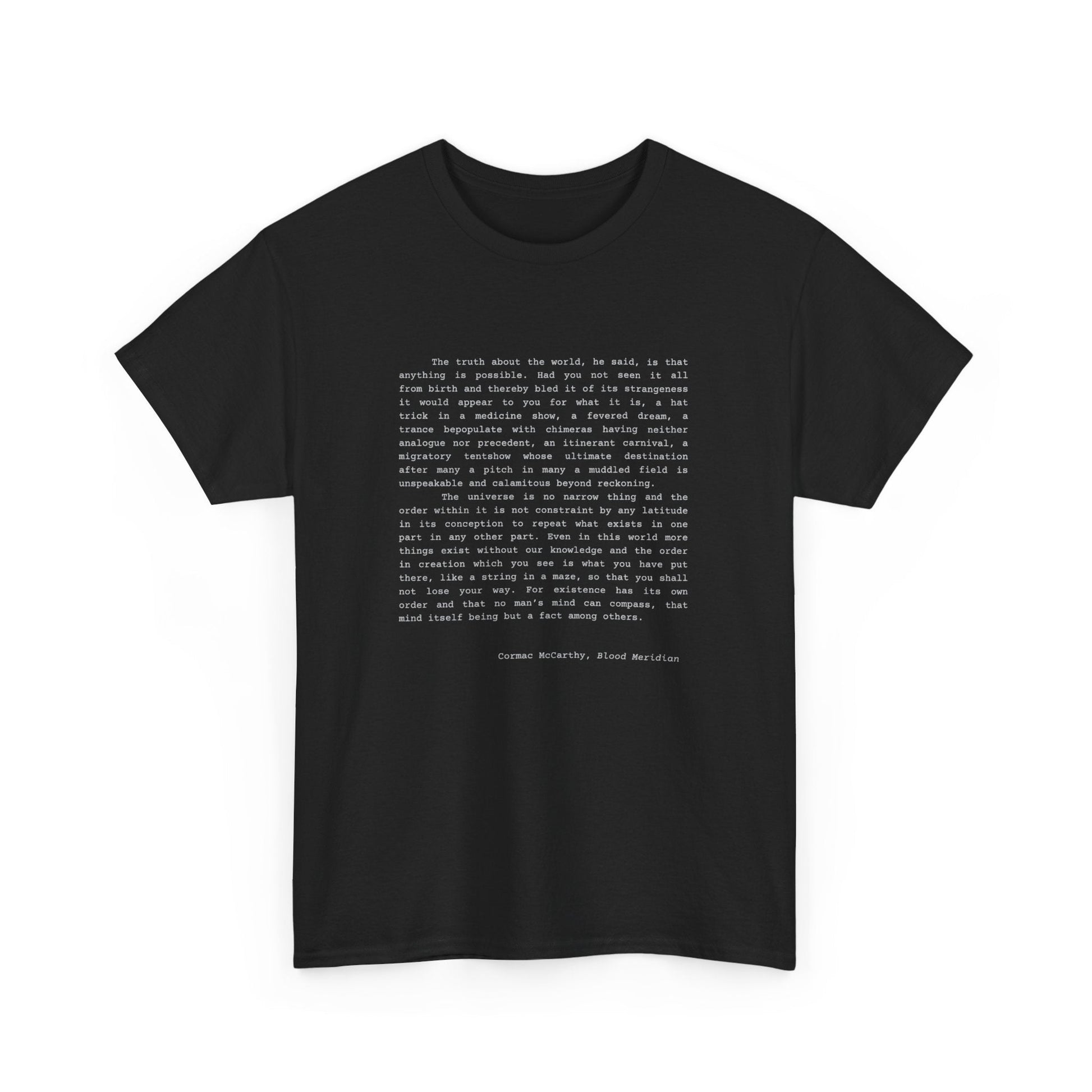 Cormac McCarthy Blood Meridian quote t-shirt for book lovers and dark academia enthusiasts.